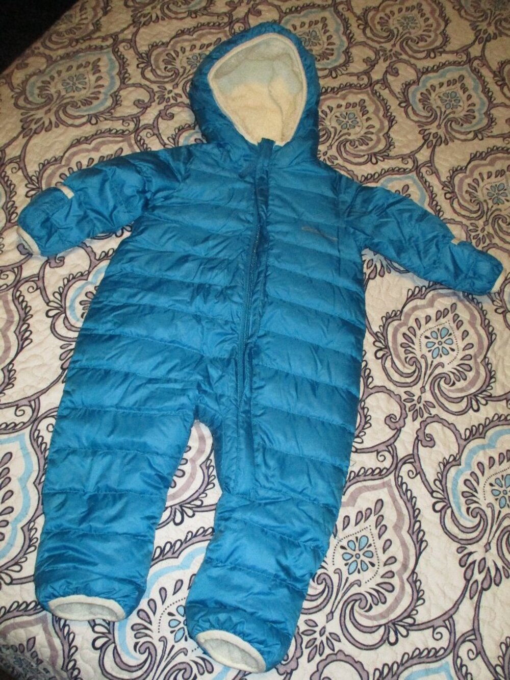 Eddie Bauer Baby Teal 6-12m Snowsuit Bunting Puffer Down Cream Sherpa Lining
